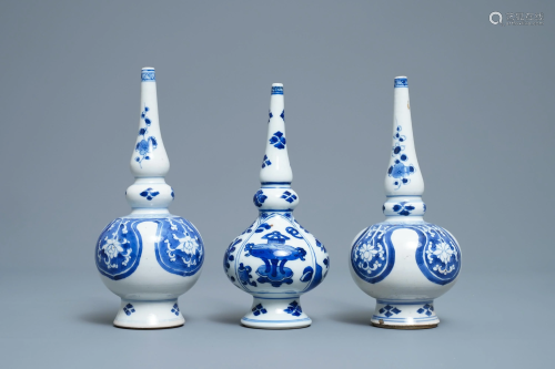 Three Chinese blue and white rosewater sprinklers for