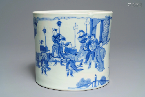 A large Chinese blue and white brush pot, bitong,