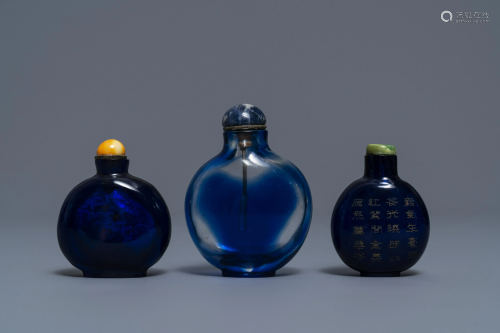 Three Chinese transparent blue glass snuff b…