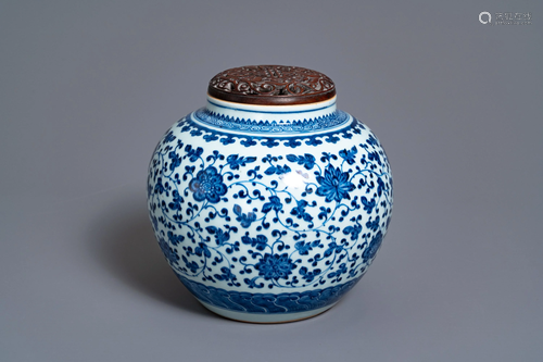 A Chinese blue and white globular jar with floral