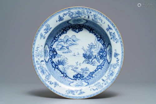 A Chinese blue and white 'river landscape' basin,