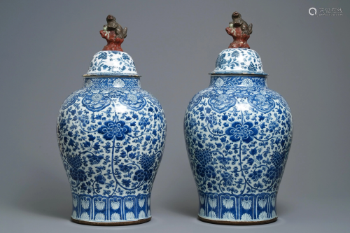 A pair of Chinese blue and white vases with faience