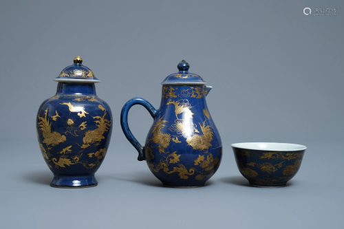 A Chinese gilt-decorated powder blue cream jug, a tea