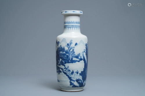 A Chinese blue and white rouleau vase with figu…