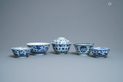 Five Chinese blue and white bowls, Kangxi/Yongzheng