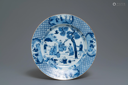A Chinese blue and white dish with musicians in a