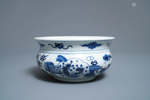 A Chinese blue and white censer with antiquities,