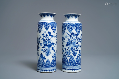 A pair of Chinese blue and white rouleau vases, Ka…