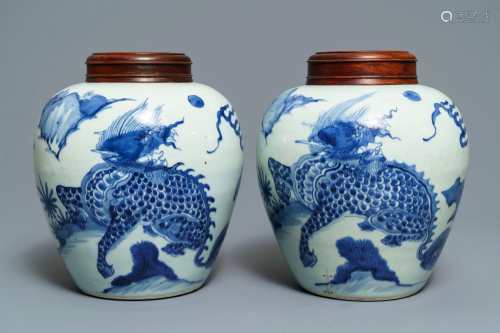 A pair of Chinese blue and white 'qilin' jars,