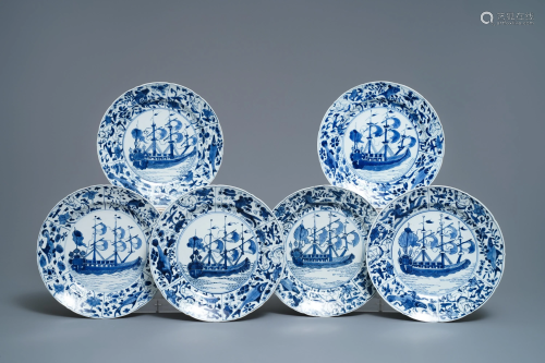 Six Chinese blue and white 'VOC-ship' dishes, Kan…