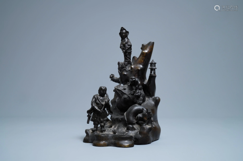 A large Chinese bronze group with Guanyin with chi…