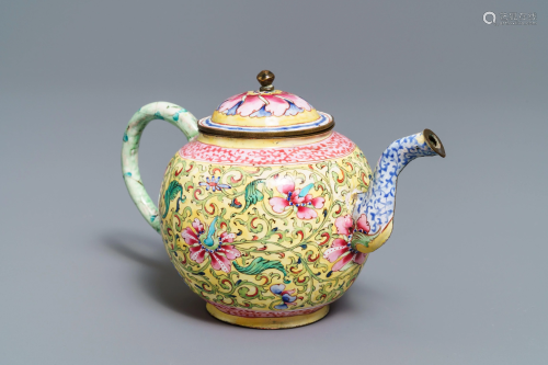 A Chinese Canton enamel teapot and cover, Qi…