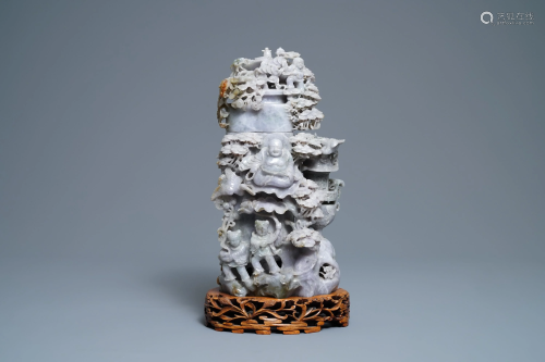 A Chinese jadeite vase and cover with Buddha and