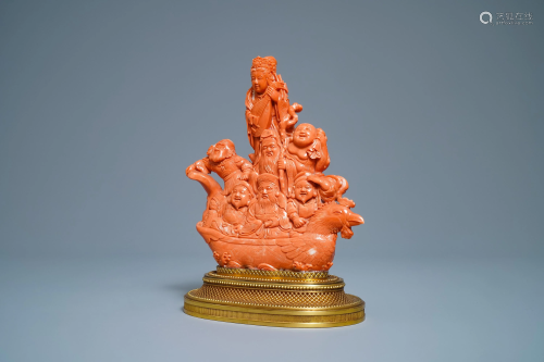 A Japanese carved red coral group of the seven lucky
