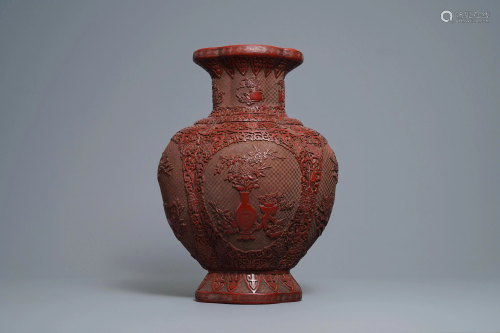 A Chinese carved cinnabar lacquer vase, Qianl…