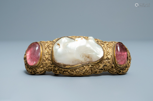 A Chinese baroque pearl and rose quartz inset
