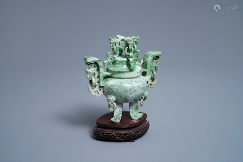 A Chinese jadeite censer and cover on woode…