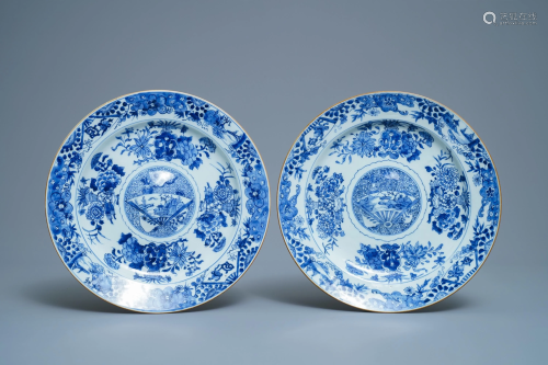 A pair of Chinese blue and white dishes with raised