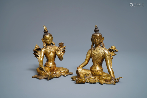 Two gilt bronze models of Tara, Tibet or Mongolia,