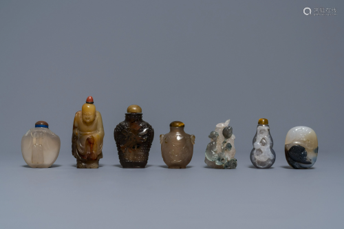 Six Chinese carved agate snuff bottles and a pen…