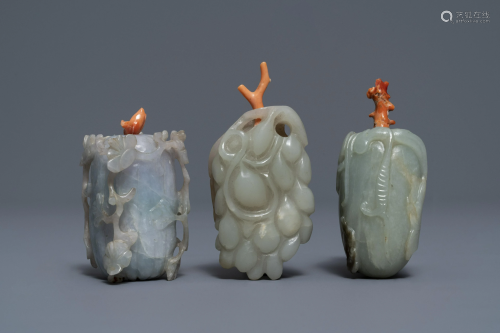 Three Chinese jade snuff bottles with coral stoppers,