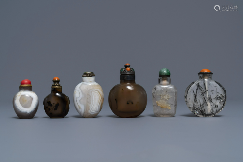 Six Chinese needle quartz and agate snuff bottles,
