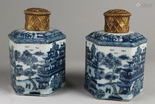 A Pair of Two antique Chinese Blue & White Hex Sh…