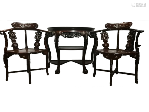 A Set of Two Chinese Hardwood Chairs & One Semi…