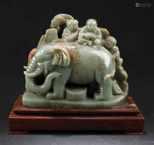 Chinese Carved Green Jade Elephant Ornament
