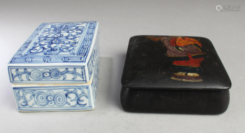 Antique Wooden Box & Blue & White Container