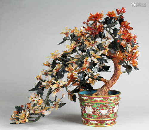 A Cloisonne Flower pot with Agate and Jade Flowers