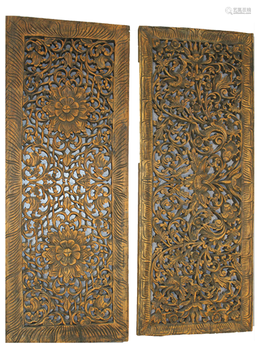 A Set of Two Antique Thai Wooden Carved Panels