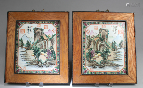 A Pair of Chinese Hardwood Framed Porcelain P…