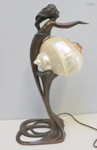 Art Nouveau Bronze Figural Nautilus Lamp.