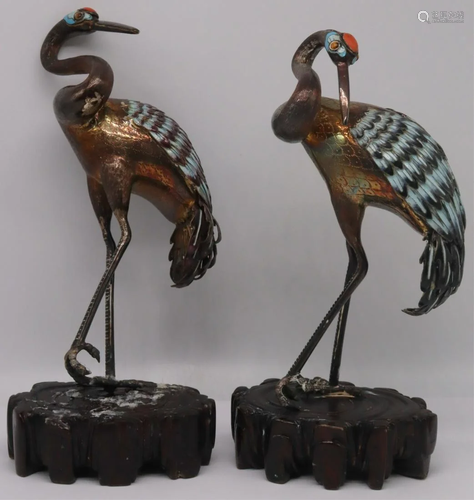 SILVER. Pair of Chinese Silver and Enamel Cranes.