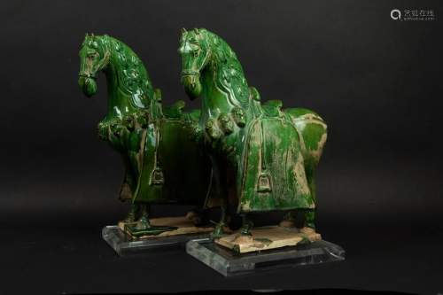 Pair of Green-Glazed Tang Style Horses.