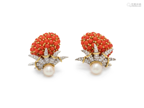 CULTURED PEARL, DIAMOND AND CORAL EARC…