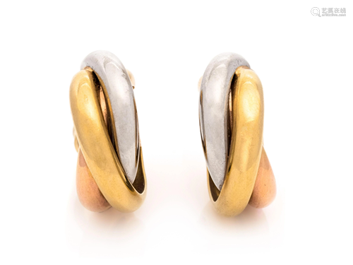 CARTIER, TRICOLOR GOLD 'TRINITY' EARCLIPS