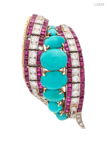 TURQUOISE, DIAMOND AND RUBY BROOCH