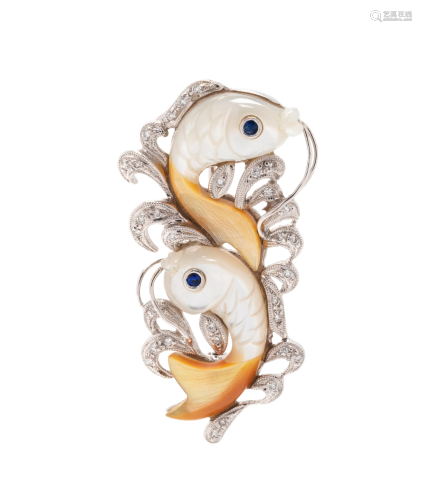 MOTHER-OF-PEARL AND DIAMOND FISH PENDANT/BR…