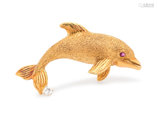 YELLOW GOLD AND DIAMOND DOLPHIN BROOCH