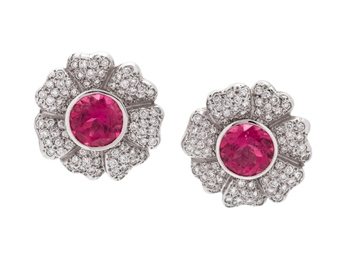 PINK TOURMALINE AND DIAMOND FLOWER EARCLIPS