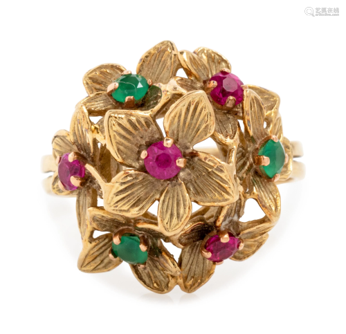 RUBY AND EMERALD FLOWER MOTIF RING