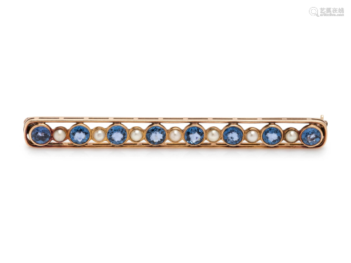 SAPPHIRE AND SEED PEARL BAR BROOCH