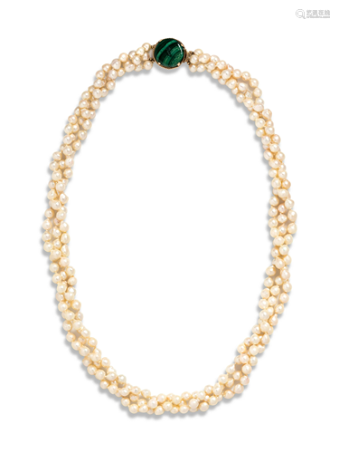 CULTURED PEARL AND MALACHITE NECKLACE