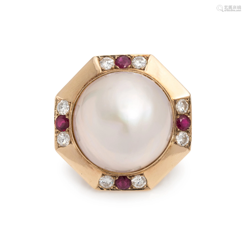 CULTURED MABE PEARL, DIAMOND AND RUBY RING