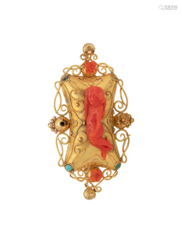 YELLOW GOLD, CORAL AND TURQUOISE PENDANT/…