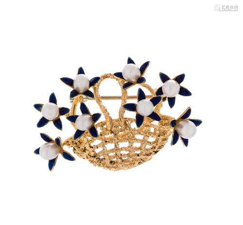 CULTURED PEARL AND ENAMEL FLOWER BASKET BR…