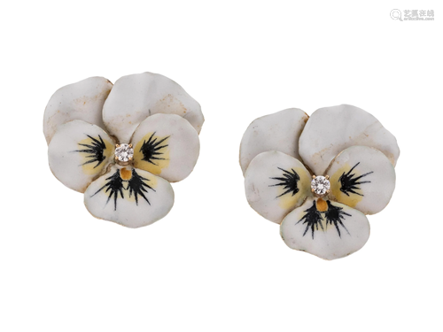 ENAMEL AND DIAMOND PANSY EARCLIPS