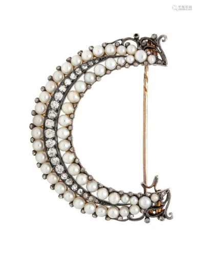 DIAMOND AND PEARL CRESCENT BROOCH
